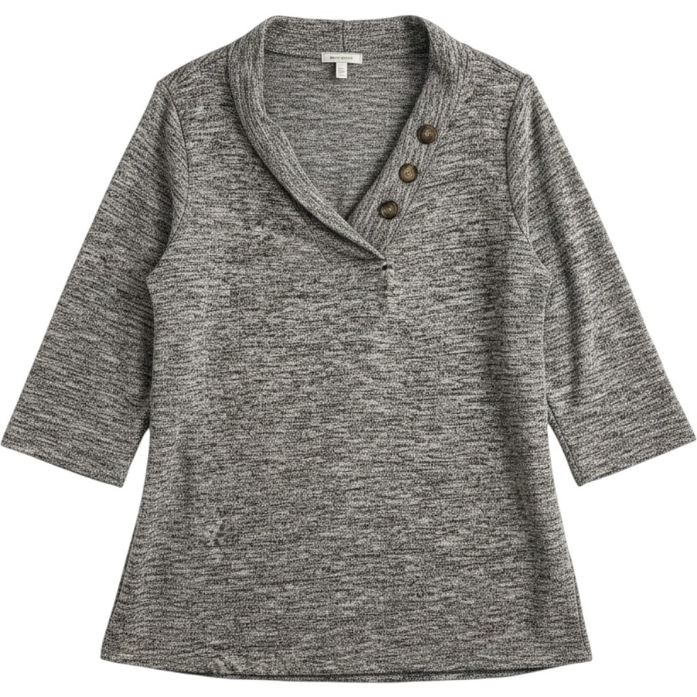 Ava James Top Womens 1X Grey Space Dye Shawl Collar Henley 3/4 Sleeve Knit Plus